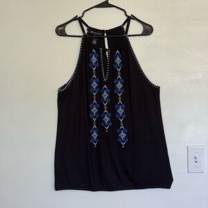 INC Women Summer Halter Black Blue Embroidered Clear Beads Top Sz XL No stains